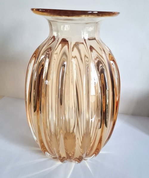 Vaso vetro soffiato  a costolature  vintage stile 